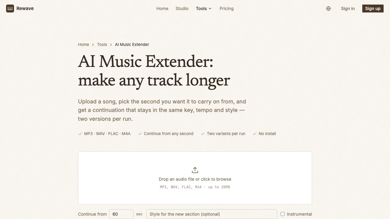 Rewave AI Music Extender upload form with a continue-from timestamp field, optional style box and instrumental toggle