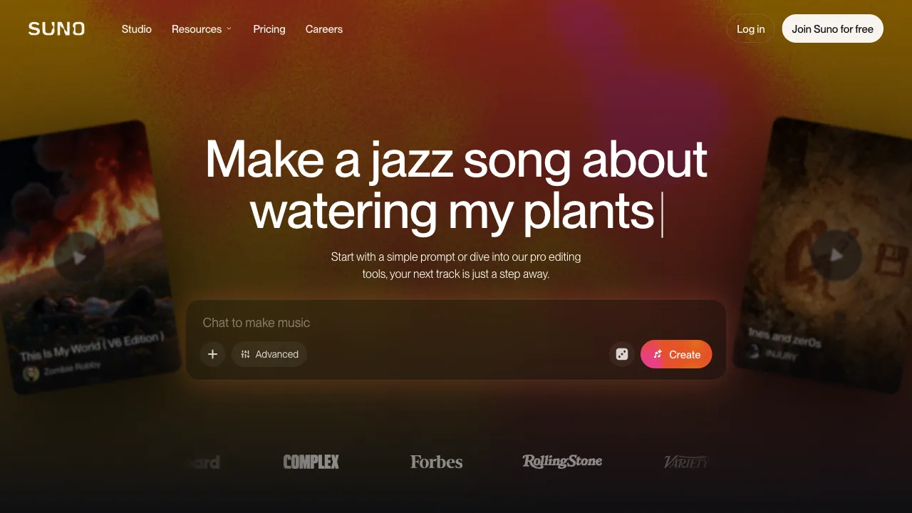 Suno Create form with the prompt box, Advanced toggle and Create button