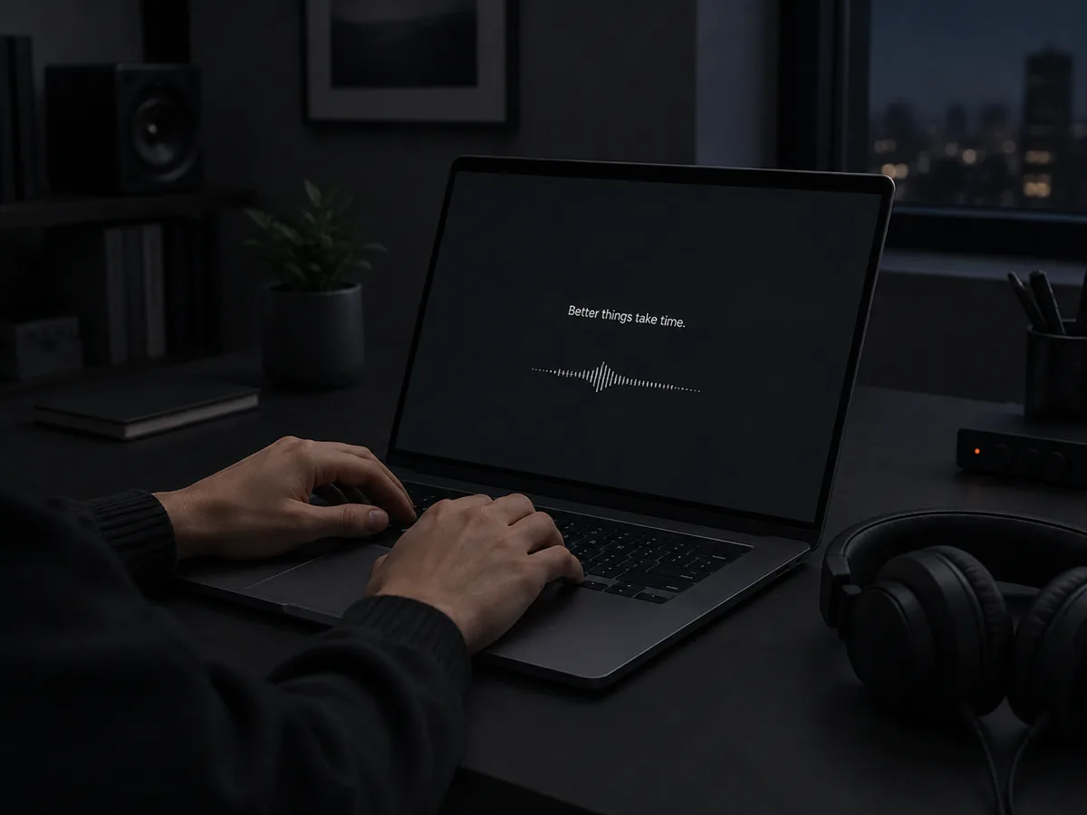 A laptop open on a dark desk at night showing a thin audio waveform, with studio headphones beside it