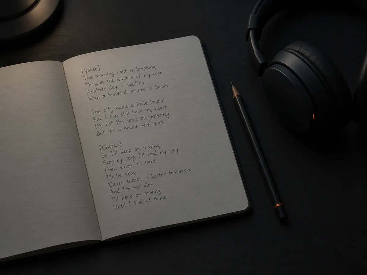 An open notebook of handwritten lyrics marked [Verse] and [Chorus] on a dark desk, lit by a dim lamp