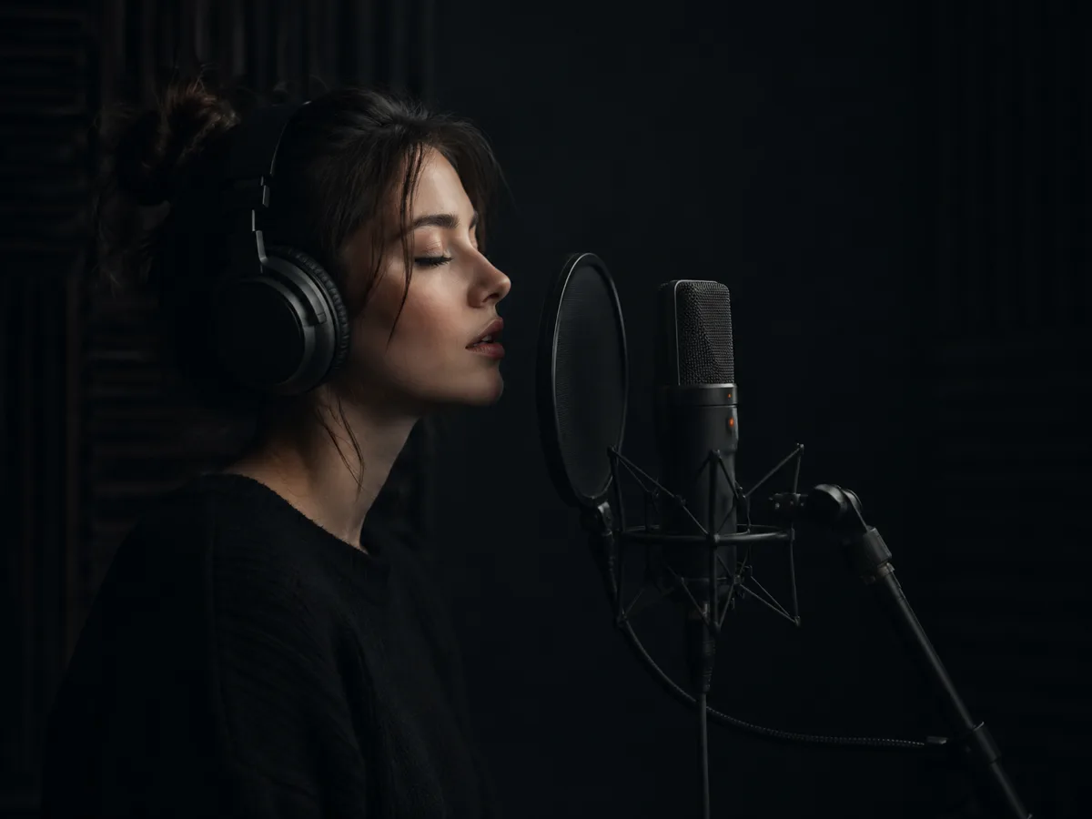 A singer performing into a condenser microphone in a dark, minimal vocal booth