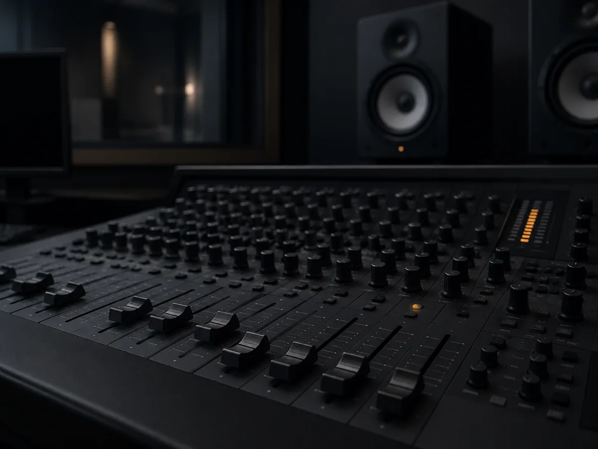 A professional mixing console with faders and knobs in a dim recording studio